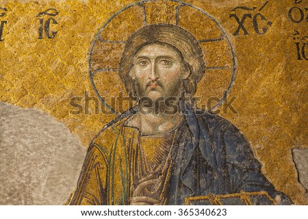 13th century Mosaic of Jesus Christ in the Hagia Sophia temple in Istanbul, Turkey Royalty-Free Stock Photo #365340623