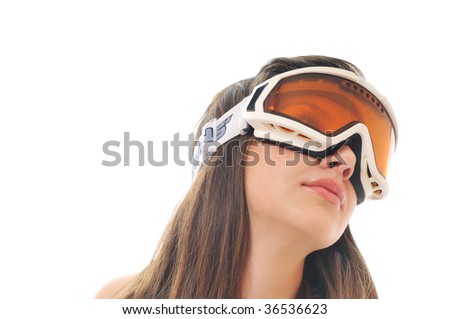 one young woman with ski googles isolated on white