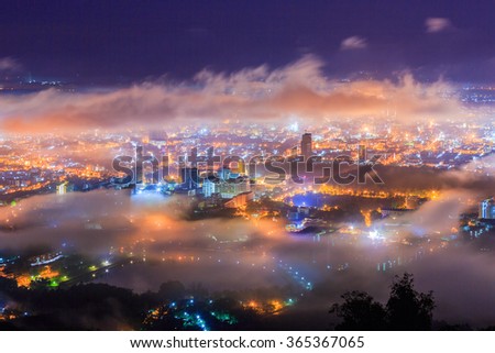 Misty night view  in hatyai city, songkhla thailand