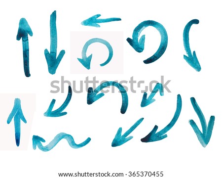 Set watercolor arrows different direction isolated on white background.