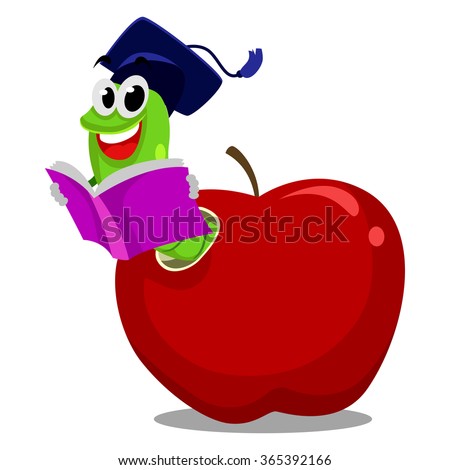 Vector Illustration of Worm inside the Apple reading book wearing graduation hat