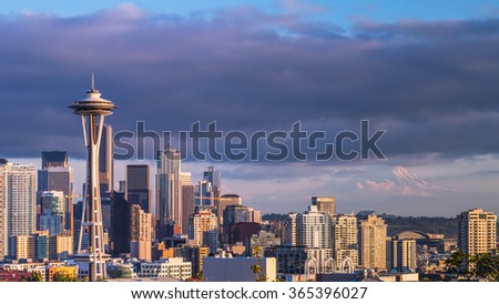 skyline of Seattle, downtown in sunset.