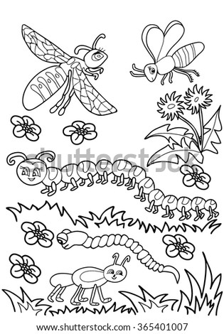  Coloring  book.  Hand drawn.  Adults, children.  Black and white. Insects, beetles, wasps, bees.