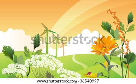 Country eco landscape. All elements and textures are individual objects. Vector illustration scale to any size.