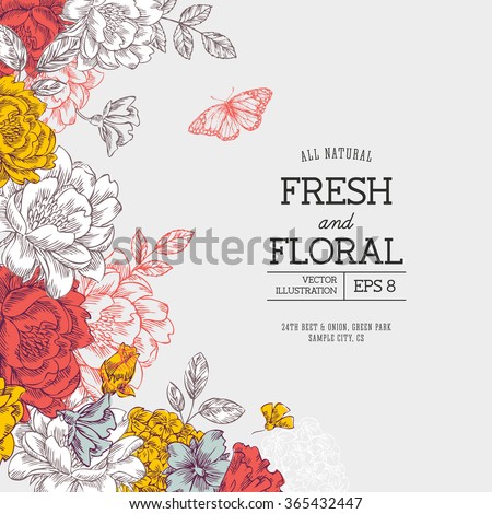 Vintage peony flower background. Flower design template. Vector illustration