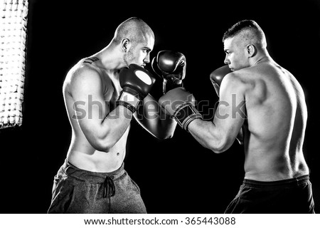 Two professional boxer isolated on black background, black and white photography, in studio low key with flash light 