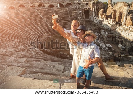 Family vacation selfie photo in antique amphitheater in Side,Turkey
