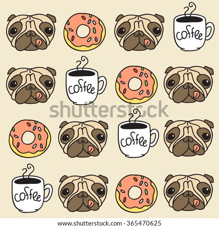 funny vector dogs pug puppies pattern donut coffee background
