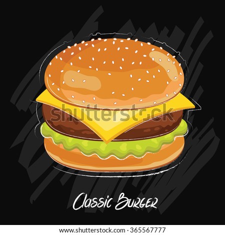 Burger ingredients and burger isolated on chalkboard
