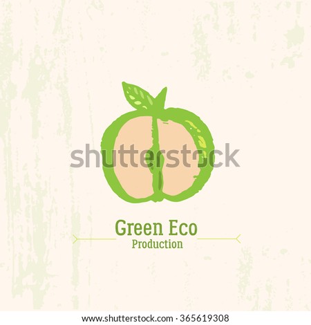 Green apple logo in grunge style on rustic  background.