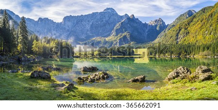 panorama of mountain lake in the Julian Alps,Laghi di Fusine Royalty-Free Stock Photo #365662091