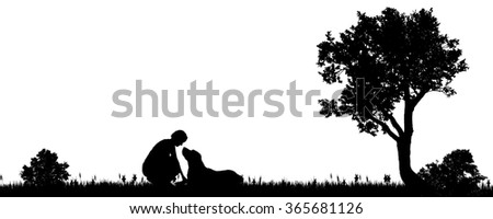Vector illustration of a woman with a dog in the countryside.