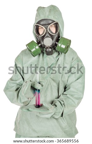 Man with protective mask and protective clothes examines a water sample. portrait isolated over white background.