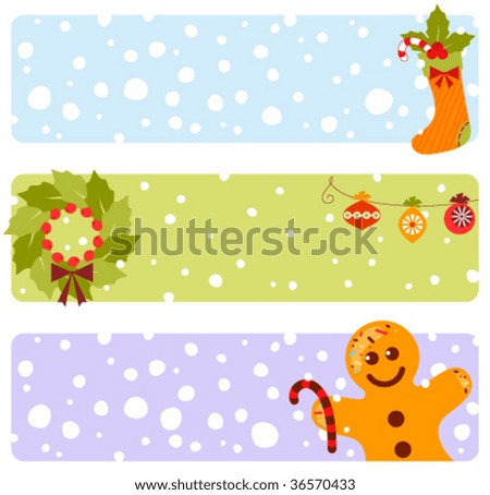Christmas banners with decoration, candy cane, gingerbread man and Christmas stocking.