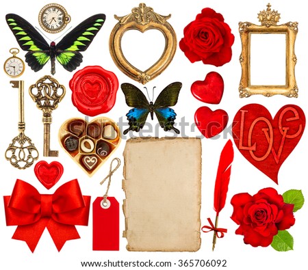 Collection of various objects for Valentines Day scrapbook. Paper page, red hearts, photo frame, flower, butterfly, red ribbon bow