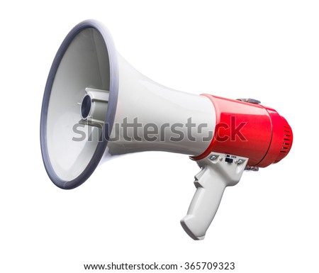 Red and white bullhorn public address megaphone isolated on white background Royalty-Free Stock Photo #365709323