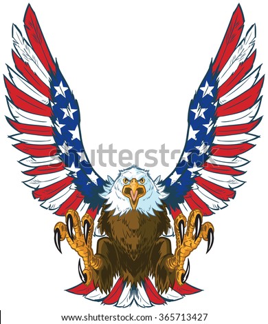 Vector cartoon clip art illustration of a mean screaming bald eagle flying forward with talons out and spread American flag wings.