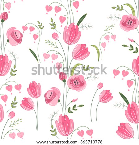 Seamless pattern with stylized cute red tulips.  Endless texture for your design, greeting cards, announcements, posters.