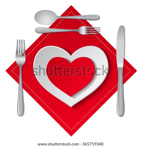plate in shape of heart, table spoon and fork isolated. vector illustration