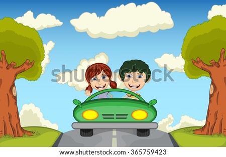 Children driving a car at the street cartoon