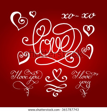 Valentines day  handdrawn lettering and calligrahy collection  on redbackground 