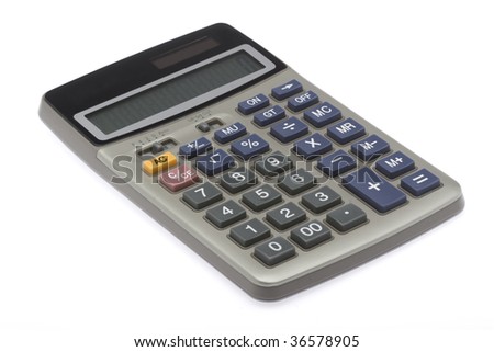 Angled picture of a small calculator, on a white background.