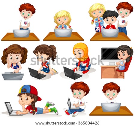 Boys and girls working on computer illustration