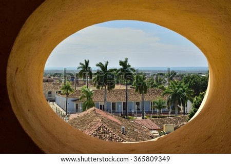 View over the roofs of  Colonial town cityscape of Trinidad, Cuba. UNESCO World Heritage Site. Colourful houses of the Trinidad, Cuba