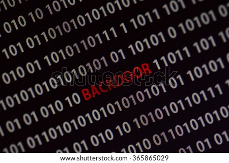 'Backdoor' word in the middle of the computer screen surrounded by numbers zero and one. Image is taken in a small angle.