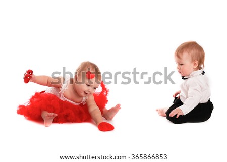 couple girl and boy kids babies playing with hearts concept valentine's day, communication, interaction, love,