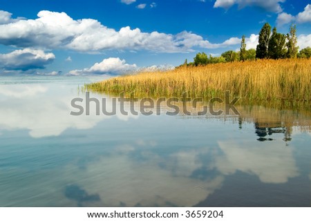 The seaside and clouds, reflected in water.