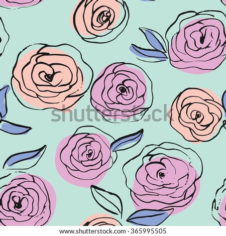 Beautiful hand drawn pattern with roses. Vector seamless floral texture. Floral  pattern with roses and leaves. 