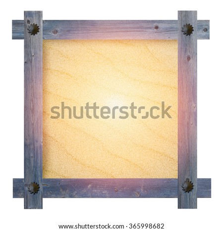 Old wooden blue frame with nails in shape of sun against on white background with sandy,sunny copy space in the center.