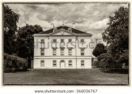 Marble Hill House (architect Roger Morris) is a beautiful 18th Century Palladian Villa, on northern banks of River Thames, situated halfway between Richmond and Twickenham, UK. Old photo Style.