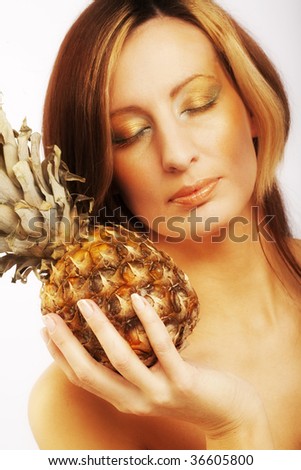 bright picture of lovely woman  with pineapple