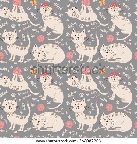 Funny seamless pattern with cute cats. Vector texture great for childish cloth design, wallpaper, textile, wrapping and other pattern fills