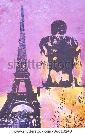 original oil painting on canvas for giclee, background or concept. Paris eiffel tower
