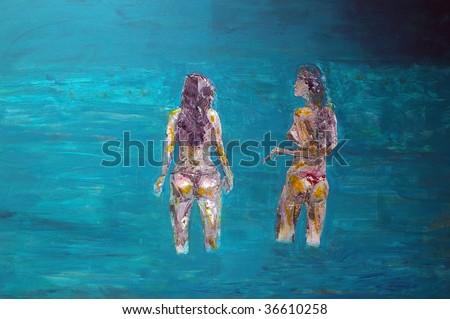 original oil painting on canvas for giclee, background or concept. portrait of bikini women