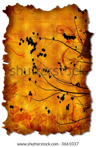 Grunge manuscript page with very torn edges, rich paper texture, floral swirls and branches. Clipping path for edge of page is incl