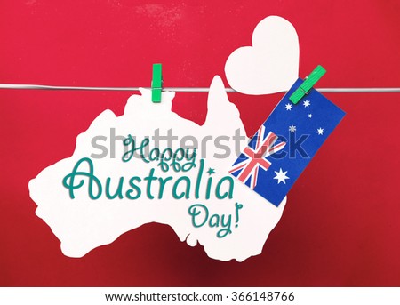 Celebrate Australia Day holiday on January 26 with a Happy Australia Day message greeting written across white Australian maps and flag hanging pegs on a line. toned collage