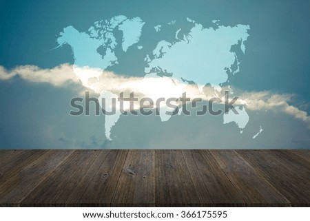 Nature cloudscape with blue sky and white cloud with Wood terrace and world map , process in vintage style