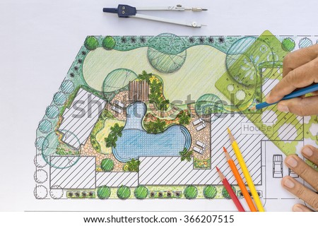 Landscape architect design backyard plan for villa Royalty-Free Stock Photo #366207515