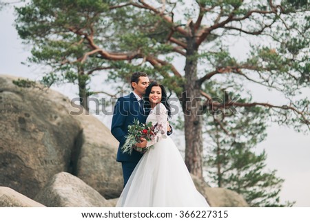 Luxury happy wedding couple kissing and embracing on the rocks