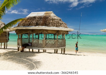 Bungaolow on sunny beach at Samoa island in south pacific Royalty-Free Stock Photo #366246545