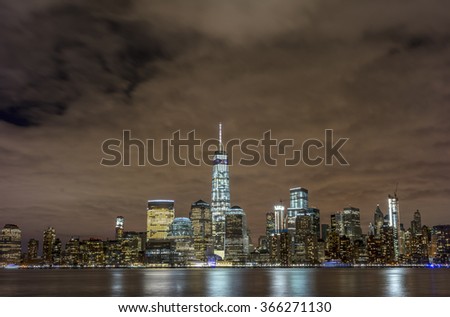 Skyline of New York City Manhattan viewed from New Jersey at night