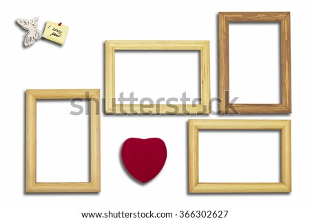 collage with wooden frame, heart, butterfly and the inscription on a white background