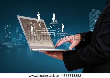 businessman showing circular diagram of structure of e-commerce organization on virtual screen