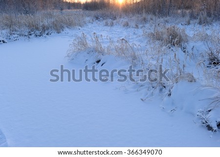 Crisp white clean snow frozen forest river in difficult terrain