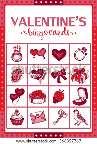 Valentine's vintage bingo card for game. Game card. Card ? 6. Vector. Collection of 6 game card and 1 calling card.  