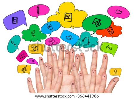 Many fingers with faces drawn on them, colourful icons depicting social nets functions around them. White background. Concept of online opportunities.